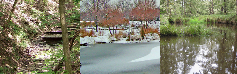 Off grid water sources, a dry creek, frozen lake, and pond